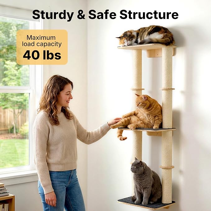 Veehoo Cat Wall Shelves, 57" Cat Wall Climber with Dual Sisal Scratching Posts and Carpeted Perch, Cats Wall Scratcher Furniture for Climb, Play and Rest - Image 5