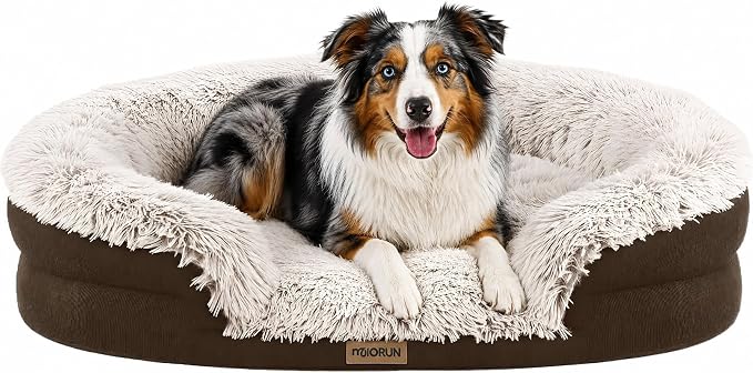 Miorun Fluffy Orthopedic Dog Beds Large Sized Dog, 40" Bolster Sofa Bed | Soft plush faux fur,lowered entry,washable cover,waterproof liner,claming dog couch for x-large dogs,supportive bolster by Miorun