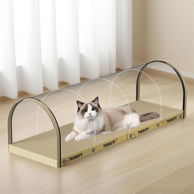 3 Function in 1 Cardboard Cat Scratcher Board, 31.5 in Cat Scratcher House, Cat Scratchers for Indoor Cats, Arched Cats Scratch Pad As Cat Bed, Cat Tunnel for Sleep, Grind Claws (Beige) by TEBANTY