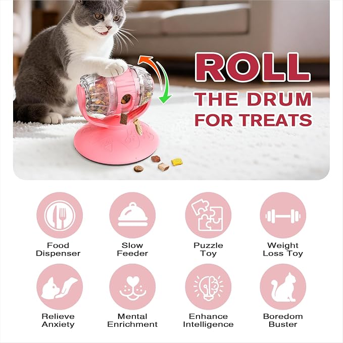 Cat Slow Feeder Toy, Adjustable Difficulty Puzzle Toy with Rotating Lid - Interactive Mental Stimulation Food Dispenser for Indoor Cats, Slows Down Eating for Dry Food & Treats (Pink) - Image 2