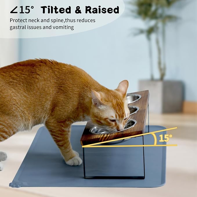 Summark Upgraded Elevated Cat Bowls with Food Mat,15°Tilted Stand Anti Vomiting Raised Cat Dishes for Food and Water,3 Stainless Steel Bowls for Cats and Puppy（Rustic Brown） - Image 4