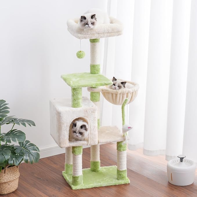 Heybly Cat Tree with Toy, 43.3 inch Cat Tower for Indoor Cats HCT004SGM | Cat Condo with Durable Sisal Scratching Posts, Cat House with Padded Plush Perch, Cozy Hammock, Green and Beige - Image 8