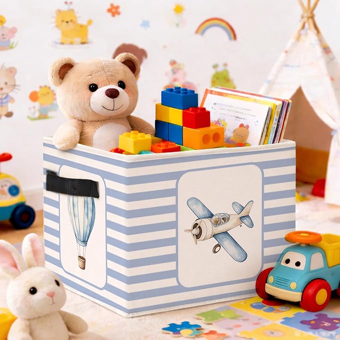 Airplane & Hot Air Balloon Storage Basket, Blue Stripe Foldable Toy Bin | Cute airplane and hot air balloon design with blue stripes; foldable fabric bin for toys, books, clothes, nursery. - Image 2