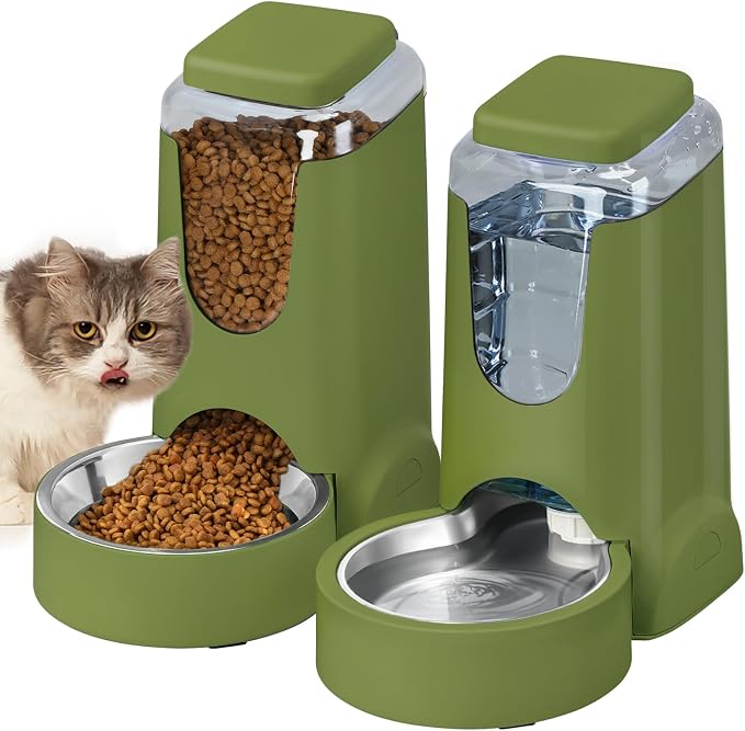 HWONMTE Portable Automatic Cat Feeder and Water Dispenser with Stainless Steel Bowl Dog Gravity Food Feeder and Waterer for Small Medium Pets Puppy Kitten 1 Gallon x 2 (Olive Green) by HWONMTEPETFEEDER