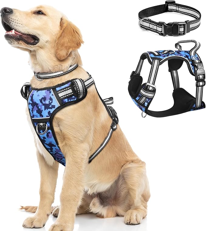 Dog Harness No Pull, Pet Harnesses with Dog Collar, Adjustable Reflective Oxford Outdoor Vest, Front/Back Leash Clips for Small, Medium, Large, Extra Large Dogs, Easy Control Handle for Walking by WINSEE