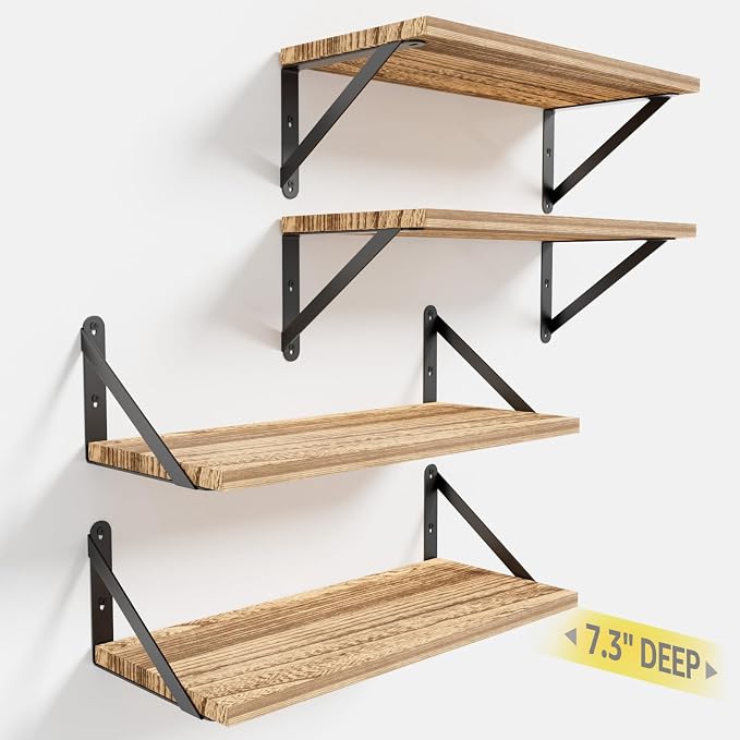 Wall Shelves 7.3" Deep Solid Paulownia Wood (Light Brown, Set of 4) | 15mm Thick, Wider & Longer & Stronger, Easy to Install, Floating Bookshelves, For Bathroom Bedroom, Office Storage Organizer by COCOYA