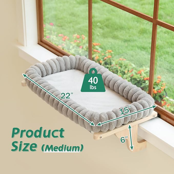 Zakkart SnugCloud Cat Perch for Window Sill with 4-Sided Bolster - Orthopedic Cat Window Hammock - Solid Hardwood & Metal Frame - Window Seat for Pets (Natural Color Wood w/Gray Bed, Medium) - Image 7