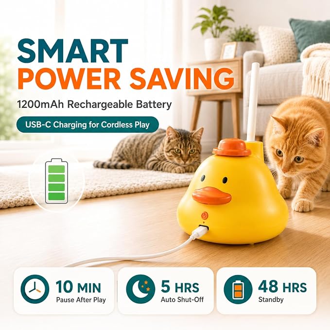 YWK Interactive Cat Toys for Indoor Cats, 360° Automatic Flying Bird Wand, Bird Sound & 2 Speeds, Touch Restart, USB-C Rechargeable Self-Play Toy with Suction Base, Bird & Feather Attachments - Image 4