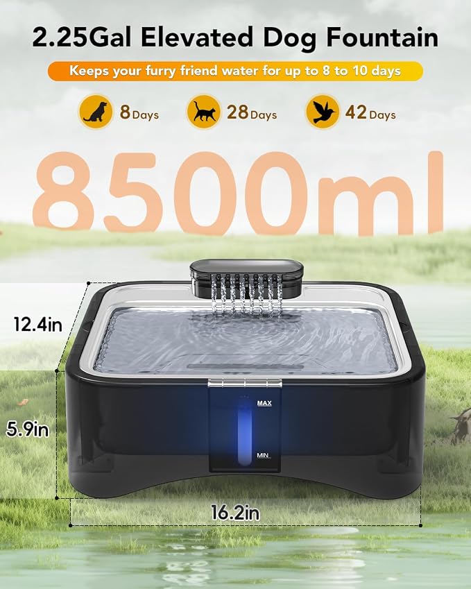 UPSKY 8.5L Elevated Dog Water Fountain with 4 Heights Adjustable, Black | Larger Dog Water Dispenser, 304 Stainless Steel Tray, 5-Layer Filtration, Anti-skid, for Senior/Large Dogs & Multi-pet Homes - Image 2