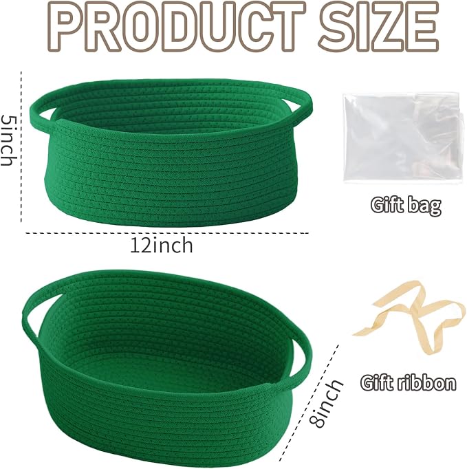 JMvicyroam Small Woven Basket, Empty Gift Basket, Green/1 Pack | Small Gift Basket, Cotton Rope, 12 x 8 x 18 in, Handles, Includes Ribbon and Bag, Birthday Gift Basket - Image 2