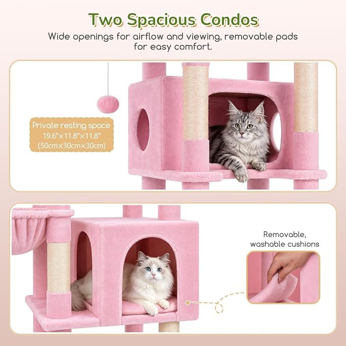 Globlazer 74in Pink Heavy Duty Cat Tree Tower for Indoor Large Cats, S74 | Sturdy Cute Cat Tower with 7 Scratching Posts, 2 Widened Padded Condos for Big Cats, Dual-Ear Baskets, Enlarged Perch, Pink - Image 3