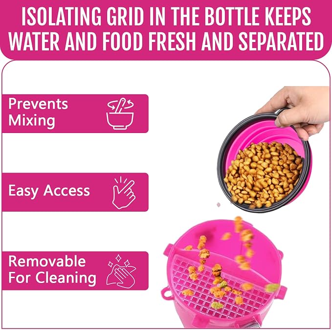 Dog Travel Water Bottle W/Collapsible Bowls - Portable 2 in 1 Leakproof Pet Water Bottle Food Container Ideal for Travel, Outdoor Portable Water Bowls for Walking, Camping & Hiking - (Pink) - Image 5