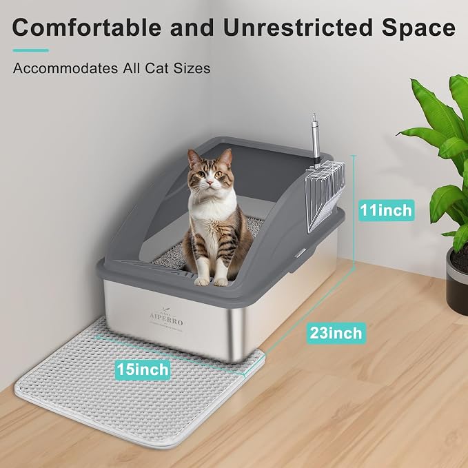 AIPERRO Stainless Steel Litter Box | XL Metal Cat Litter Boxs with Lid | Enclosed High Sided for Big Cats | Anti-Urine Leakage | Non-Stick & Easy to Clean with Litter Mat & Metal Scoop (Dark Gray) - Image 7