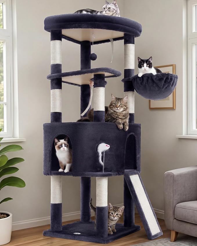 Cat Tree, 61 Inch Tall Cat Tower, Diamond-Shaped Cat Cave VCT001G | Cat Condo with Wide Top Perch & Basket, Sturdy Scratching Post, Interactive Toy for Large Indoor Cats, Smoky Gray by VibrissiaHome