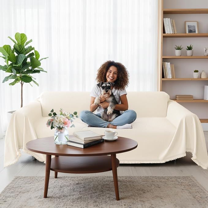 Smiry Couch Cover for Dogs, Chenille Sofa Covers for 3 Cushion Couch | Washable Soft Sofa Slipcover for Pets, Thick Sectional Furniture Protector with Tassels (Beige, 71x134 Inch) - Image 12