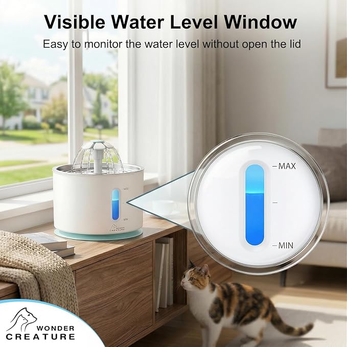 Wonder Creature Cat Water Fountain Stainless Steel Lid 81oz | Quiet Pet Fountain, LED Water Level Window, Multi-Layer Filter, Dishwasher-Safe Stainless Steel Lid for Cats and Dogs - Image 2