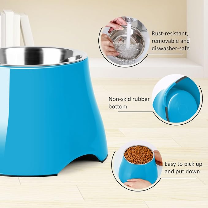 Dog Bowls,Cone Friendly Non Slip Single Dog Bowl with Stainless Steel Inner, Raised Bowls for Small Dogs Spaniel Dogs Long Ear, High Capacity, M/2 Cup Blue - Image 4