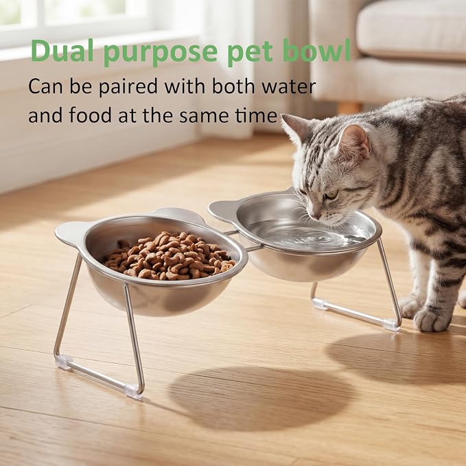 Stainless Elevated cat Bowls 5.9 Inch with Metal Stand Slip Resistant Base 15 Degrees Tilted Raised Pet Dishes Double Bowl Design Food and Water Dish for Cats Kitten Small Dog (Integrated Bowls) - Image 5