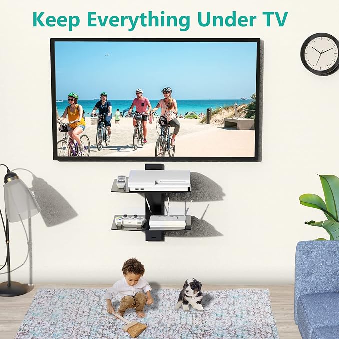 WALI Floating TV Shelf, 2 Tier Glass Projector Shelf for DVD Players, Routers, Game Consoles, Cable Boxes, Living Room Decor, Wall Mount Shelves Hold Up to 17.6lbs (CS202B), 2-Shelf, Black - Image 4