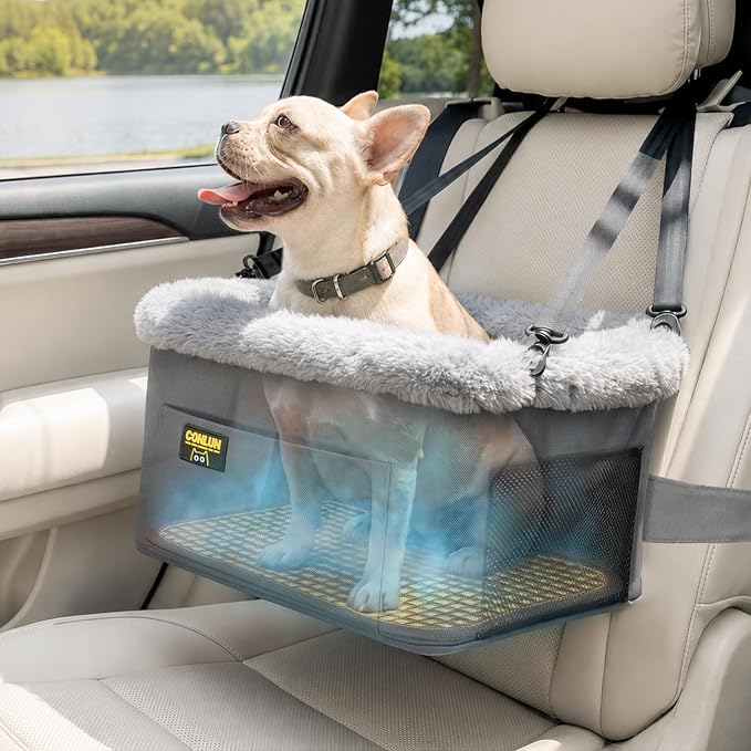 Conlun Elevated Pet Car Seat with Cooling Mat, Travel Booster for Small Dog | Heavy-duty Oxford | Rigid Skeleton Stops Wobbling | Leash Prevents Escapes | Dog Car Seat for Calm Car Trips by Conlun
