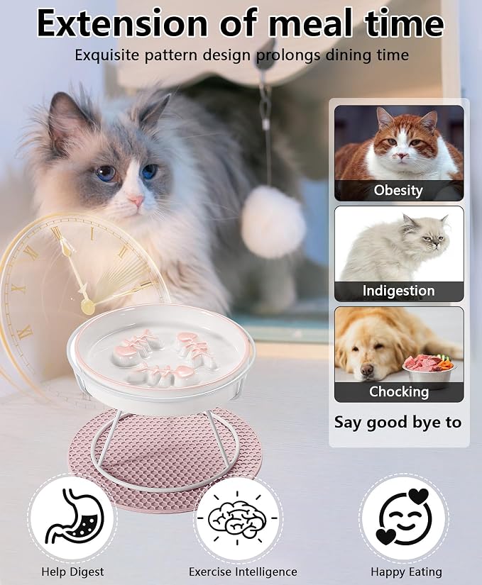 Ceramic Elevated Slow Feeder Cat Bowl, Anti Vomit, Removable Dish Pink | Removable Ceramic Bowl Elevated Slow Feeder Whisker-Friendly Wet & Dry Food Metal Stand - Image 4