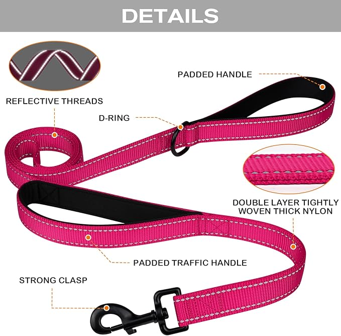Joytale Dog Leash for Large Dogs that Pull, Double Handle, 4FT, Hot Pink | Traffic Handle for Control, Padded Handle Reduces Hand Strain, Reflective Stitching for Night Safety, Strong Nylon Webbing - Image 3