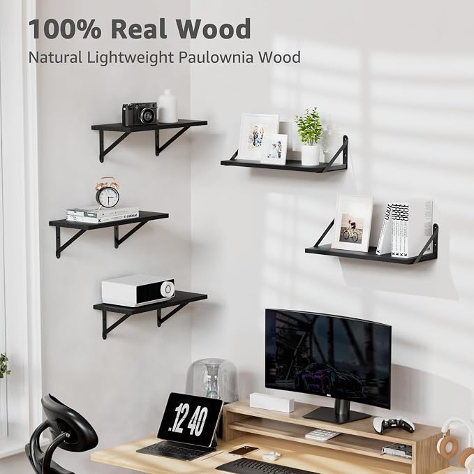 Wall Shelves 7.3" Deep Solid Paulownia Wood (Black, Set of 4) | 15mm Thick, Wider & Longer & Stronger, Easy to Install, Floating Shelf for Room Wall, Bathroom Bedroom Office Organizer - Image 5