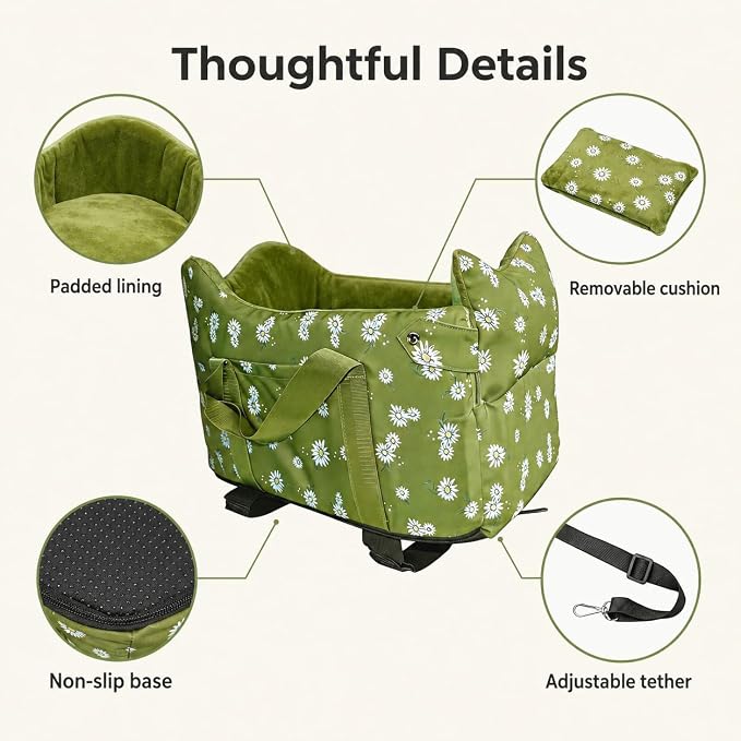 Center Console Dog Car Seat Safe Travel for Small Dogs Under 15 lbs | Detachable Washable Pet Carrier with Storage Pockets & Safety Leash, Light Green - Image 6