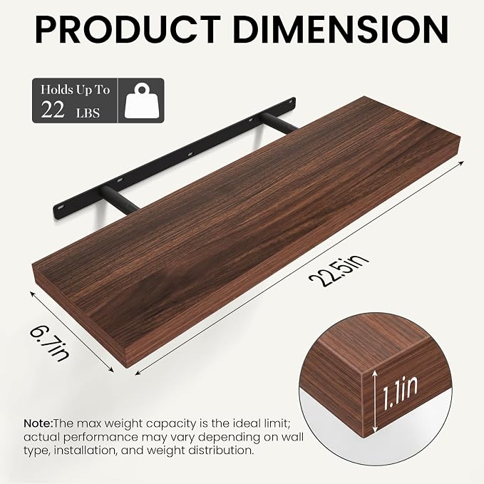 BAYKA Walnut-Like Floating Shelves 22.5in, 3Pack, Wall Mounted Wall Decor | Easy Install, 22lbs Max Load, Hidden Bracket, Shelf for Bathroom Bedroom Kitchen Books Display Storage, Multi-Wall Compatible - Image 3