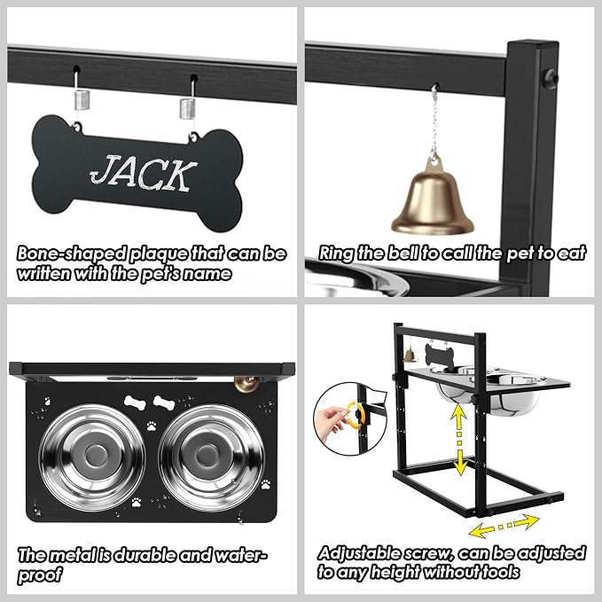 Elevated Dog Bowls With Mat, Adjustable Height 4.3-11.8'', Two 1.7L Stainless Steel Food & Water Bowls, Metal Raised Stand for Large, Medium Dogs - Image 5