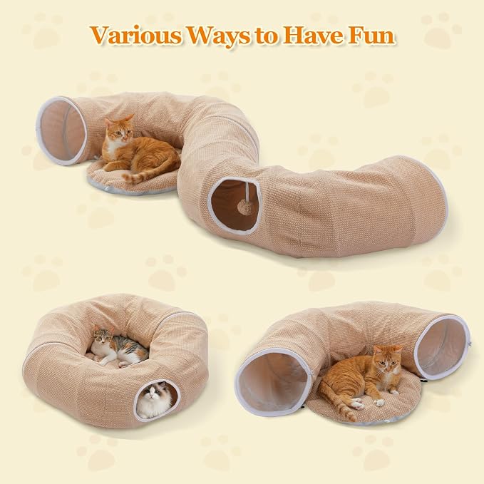 PEQULTI Beige Donut Cat Tunnel Bed Washable Plush Mat Multi for Small Pets | Round play tube with soft detachable plush mat, multi-pet toy fit indoor cats, kittens, puppies, rabbits and ferrets - Image 3