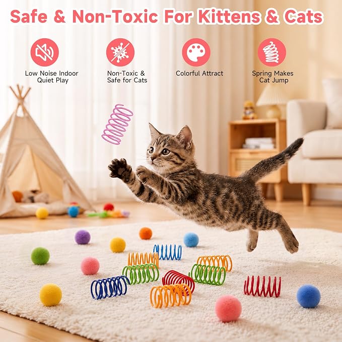 AILUKI 33PCS Cat Toys Variety Pack for Indoor Cats, Kitten Toys Cat Tunnel | Kitten Toys for Indoor Kittens Cat Toy Bundle Set with Feather Teaser Wand, Springs Balls Bell Mice & Interactive Cat Toys - Image 6