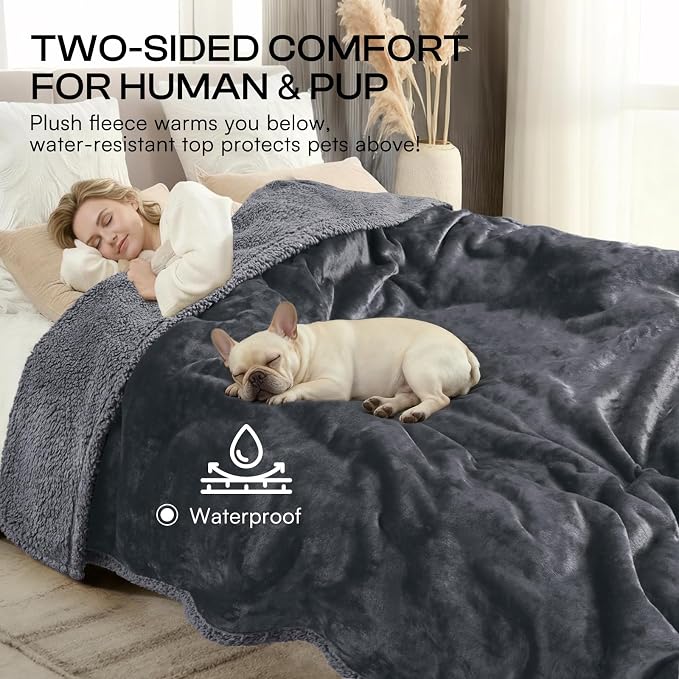 Luciphia Waterproof Pet Blanket, Liquid Pee Proof Dog Blanket for Sofa Bed Couch, Reversible Sherpa Fleece Furniture Protector Cover for Small Medium Large Dogs Cats, Dark Gray Large（65" x 57"） | waterproof pet blanket sherpa fleece reversible couch co... - Image 5