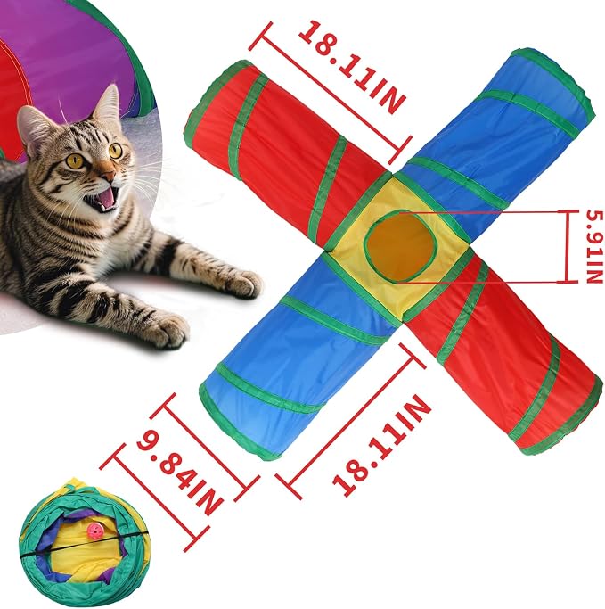 Pet Cat Tunnel, 4 Way Tunnels for Indoor Cats, Collapsible Pet Tunnel for Kitten, Puppy, Rabbit, 25cm-Wide Tunnels, Durable & Breathable, with Peek Hole Toy Ball - Image 7