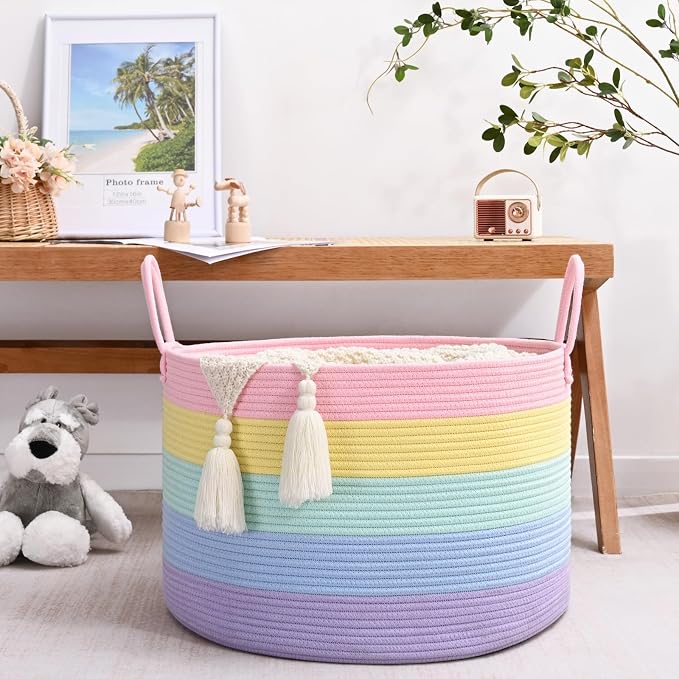67L Large Rainbow Blanket Basket, Cotton Rope Baby Laundry Hamper with Handles, Kids Toy Basket for Classroom & Nursery, Soft Round Stuffed Animal Storage, Dog Toy Bin - 20"x13", Light Rainbow - Image 5