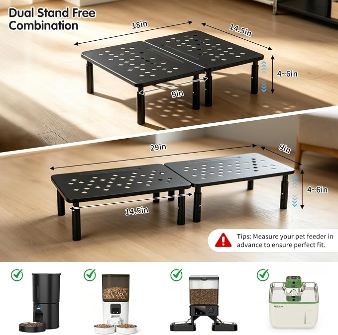 Elevated Cat Food Stand, Adjustable Automatic Cat Feeder Station | 4/5/6 in Adjustable Cat Feeding Station, 14.5 x 9 in Platform, Fits Most 4-6 L Automatic Feeders, Non-Slip Base, Black - Image 2