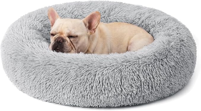 Calming Donut Dog Bed for Small Dogs, Anti-Anxiety Round Washable Plush Fluffy Faux Fur Large Cat Bed, 24 inches Fits up to 25 lbs Pets, Anti-Slip Waterproof Mute Base Gray by Homeuslynn