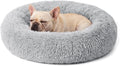 Calming Donut Dog Bed for Small Dogs, Anti-Anxiety Round Washable Plush Fluffy Faux Fur Large Cat Bed, 24 inches Fits up to 25 lbs Pets, Anti-Slip Waterproof Mute Base Gray by Homeuslynn