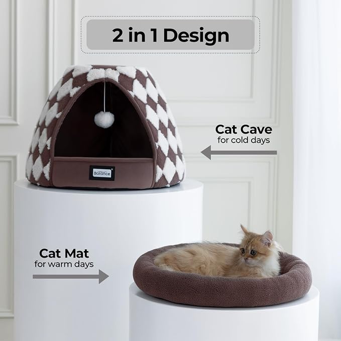 BALANCE Cat Beds for Indoor Cats, 2-in-1 Cat Bed Cave with Anti-Slip Bottom and Ultra-Soft Plush, Cozy Cats House Tent for Kittens and Small Dogs, 19 Inches, Dark Brown - Image 7