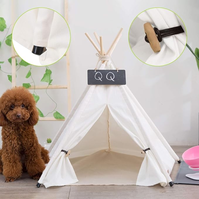 Dog Teepee Bed Cat Tent Portable Houses Pet Puppy with Thick Cushion (L:Size fits 15kg/33lbs (Pets)) | (White, L:Size fits 15kg/33lbs (Pets)) - Image 4