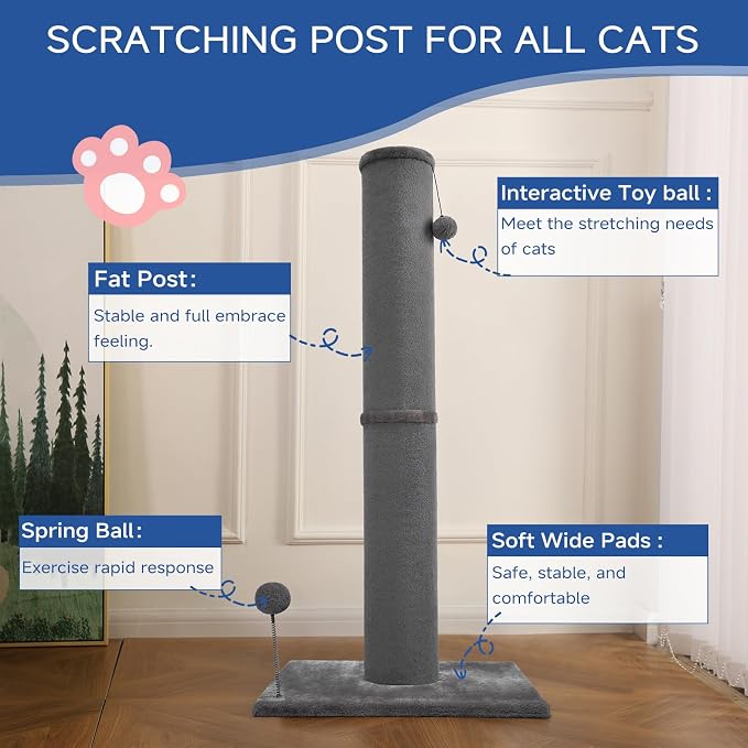 Cat Craft 41" Tall Short Plush Cat Scratching Post for Indoor Cats, Gray | Short Plush Fabric, Stable Wide Base, Replaceable Hanging Ball, Full Stretch Design - Image 6