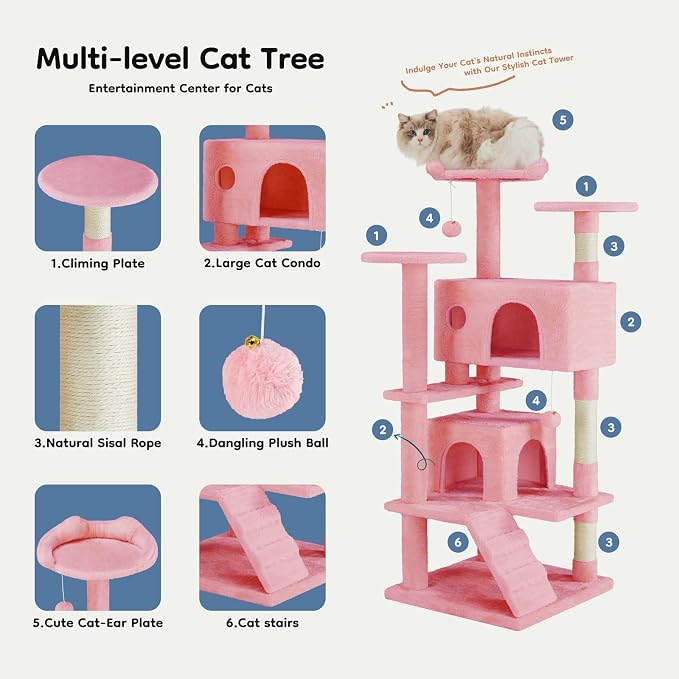 DUMOS 54-inch Cat Tree Tower with Scratching Posts, Indoor Use | Multi-Level Pet House for Large Cats with 2 Condos, Round Platform, Small Ladder and Toys, Pink - Image 8