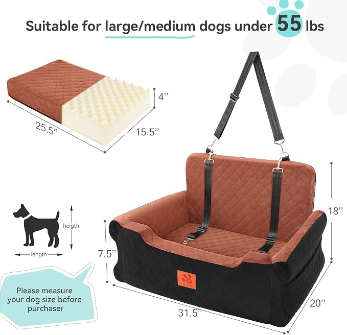 Dog Car Seat for Large/Medium Dogs Up to 55 Lbs, Soft Fabric Car Dog Bed | Removable and Washable Pet Booster Car Seat with 2 Safety Leashes, Thick Cushion (Black/Bronw) - Image 2