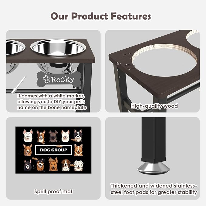 SHAINFUN Elevated Dog Bowls with Slow Feeder & Mat for Medium Large Dogs, Adjustable Height, Raised Dog Bowl Stand with 2 Stainless Steel 58oz Bowls, Tall Dogs Food Water Bowl Wooden & Metal Holder - Image 4
