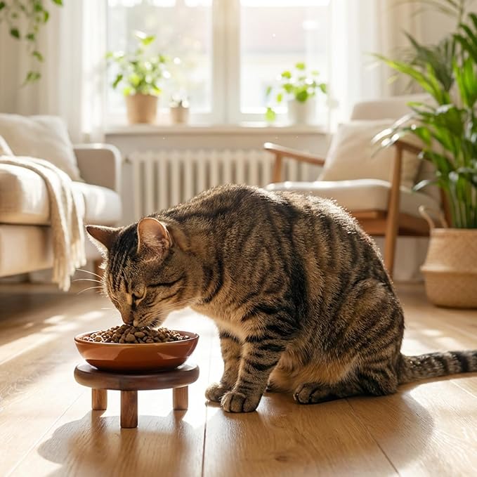 SPUNKYJUNKY Extra Wide Elevated Ceramic Cat Bowl with Acacia Wood Stand Whisker Friendly (Cat Paw Pattern, 2 Pack, Brown) - Image 6