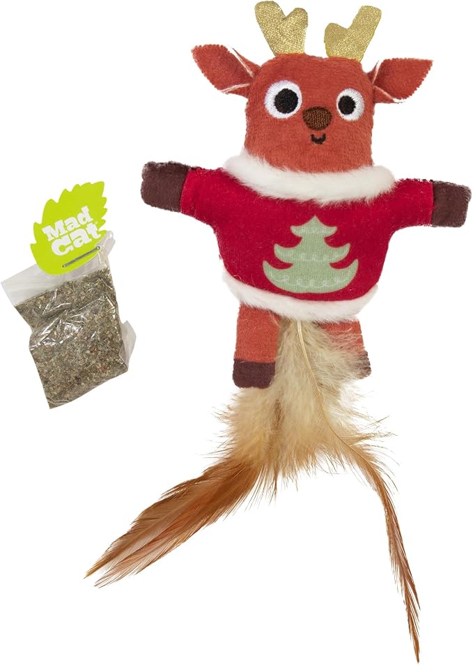 Mad Cat Ugly Sweater Stuffer Reindeer Catnip Refillable Soft Plush Cat Toy | Holiday design with fun sound effects, reload the pouch with fresh herb to keep play sessions exciting for felines daily - Image 2