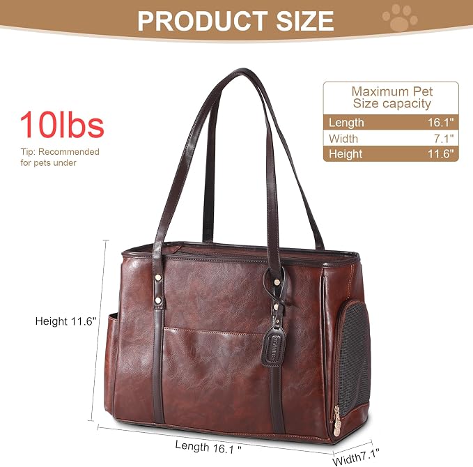 Fashion Dog Carrier Purse, Premium Leather Cat Carrier Bag, Airline Approved Soft Sided Pet Travel Tote Bag with Pockets Coffee - Image 2