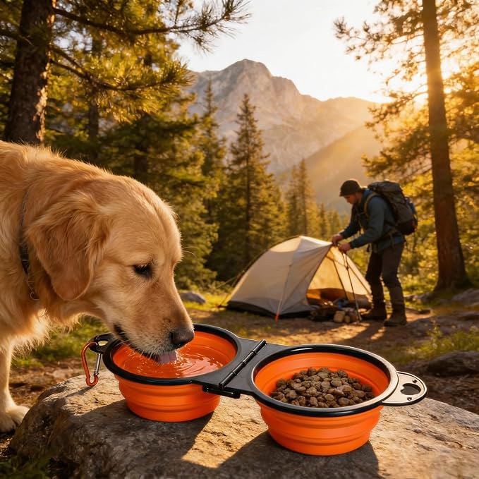 Double Collapsible Dog Bowls for Travel, Food & Water with Clip, Orange | 13.5 oz each, folds flat, carabiner clip, walking, hiking, camping, for small and medium pets - Image 7