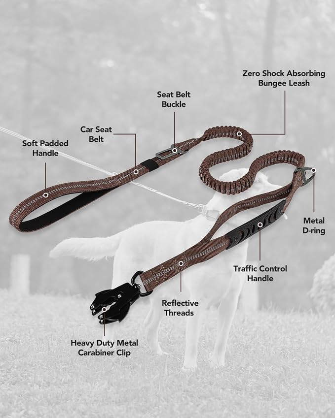 Joytale Tactical Bungee Dog Leash, Shock Absorbing No Pull, Brown | for Large Dogs That Pull, 2 Padded Handles for Control, Car Seatbelt Clip, Reflective for Night Safety, Metal Frog Clip - Image 7