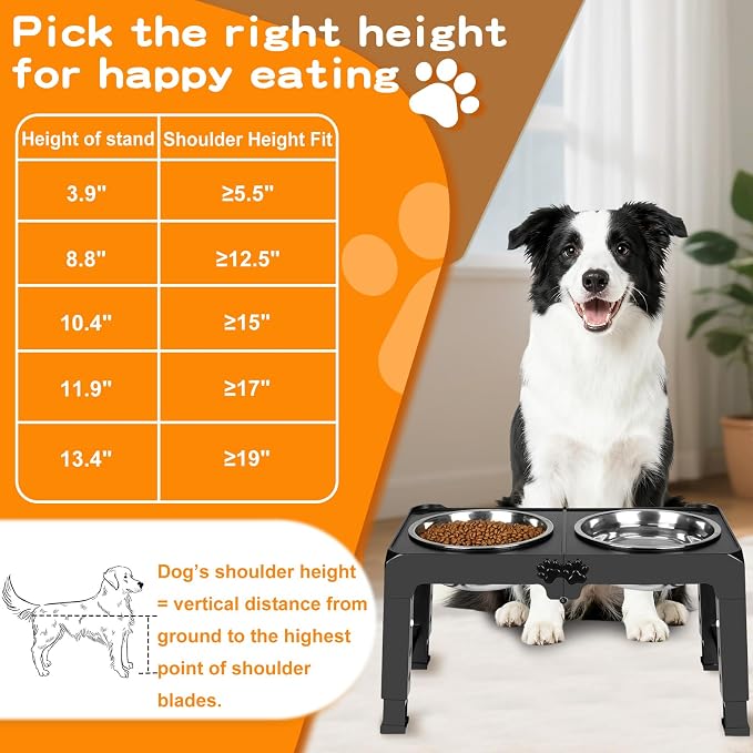COMESOON Elevated Dog Bowls, 5 Adjustable Heights (3.9"-13.4") Raised Dogs Food Bowl Stand for Medium Large Sized Dogs, Non-Slip Foldable Travel Pet Feeder Black with Stainless Steel Bowls - Image 6
